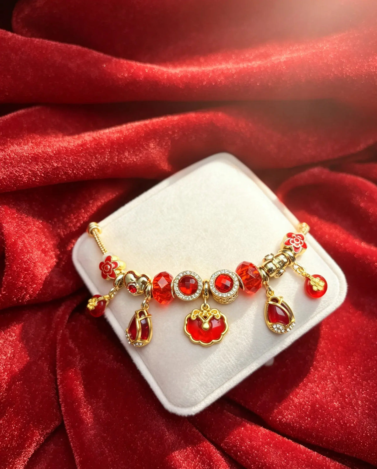 Gold Plated Red Ruyi Lock Charm Bracelet for Women, Adjustable Snake Chain Beaded Bracelet with Red Crystal & Floral Pendant, Fashion Lucky Jewelry Gift