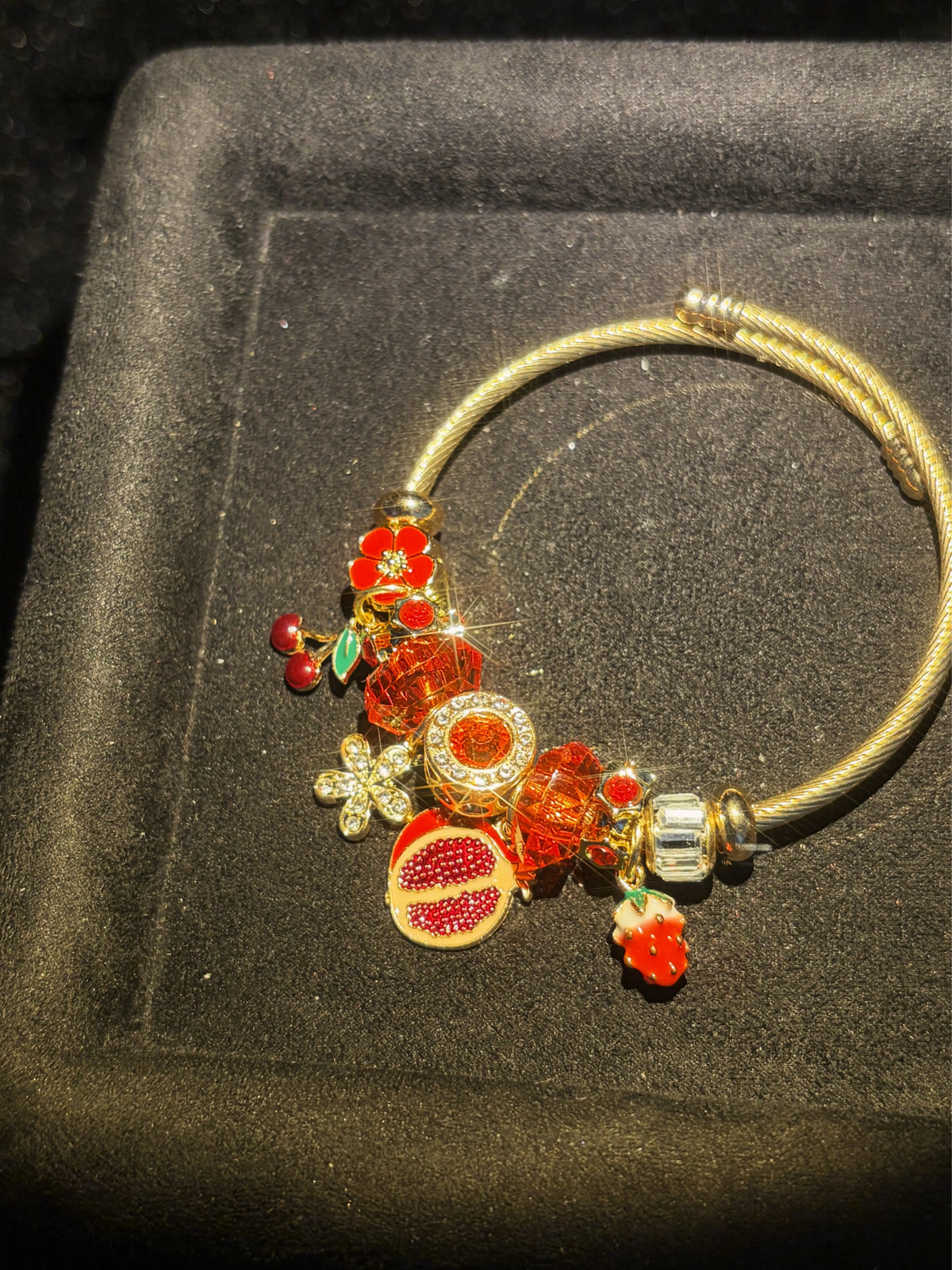 Women's Gold-Tone Wire Open Bangle Bracelet, Fruit-Themed Jewelry with Pomegranate, Strawberry, Cherry, Flower Enamel Charms, Elegant Stackable Gift