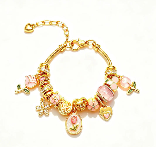 Spring Vibes on Your Wrist, Pink Tulip & Heart Charm Bracelet
