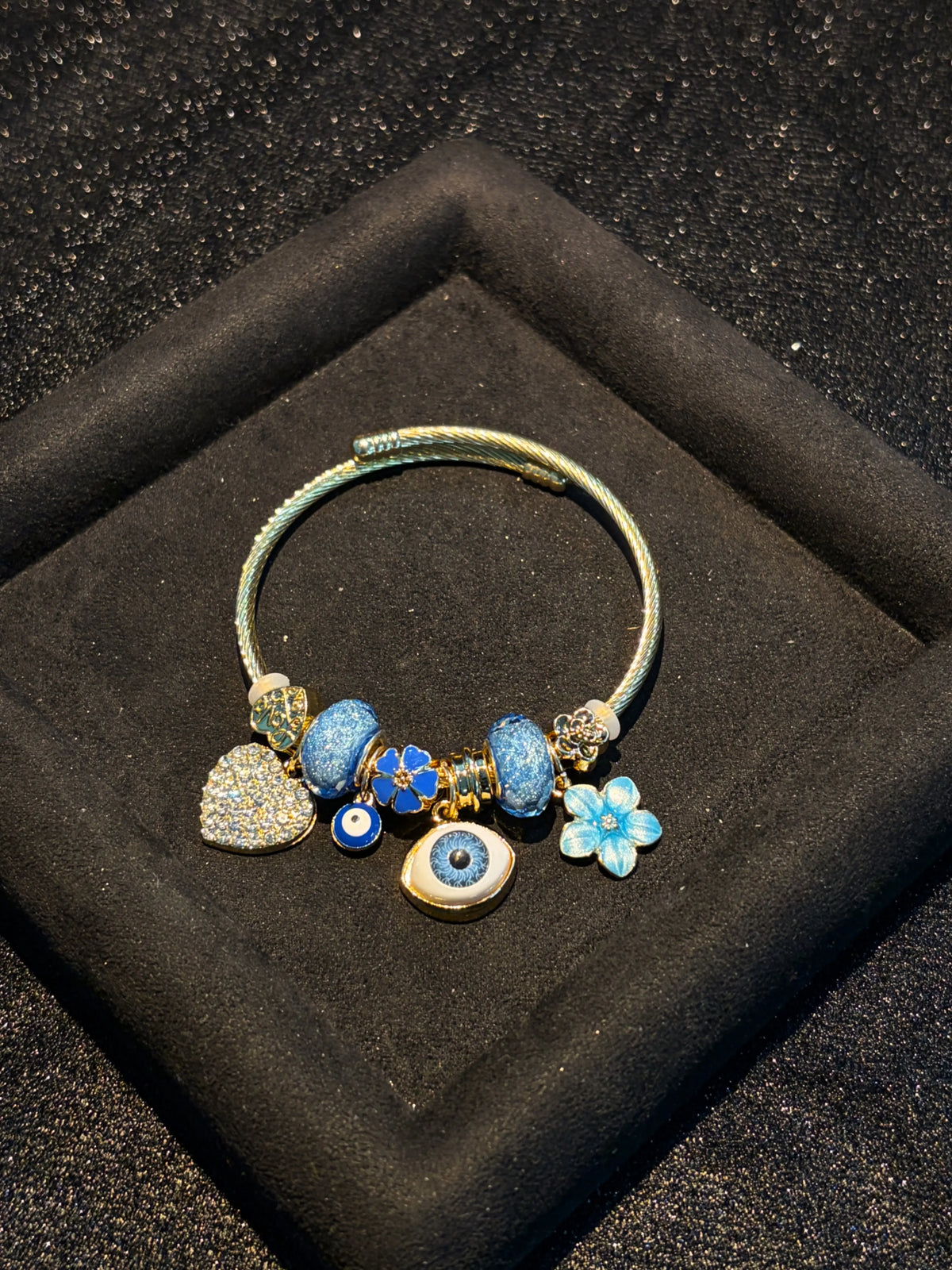 Women's Evil Eye Gold-Tone Open Cuff Bangle, Heart Flower Stackable Costume Jewelry