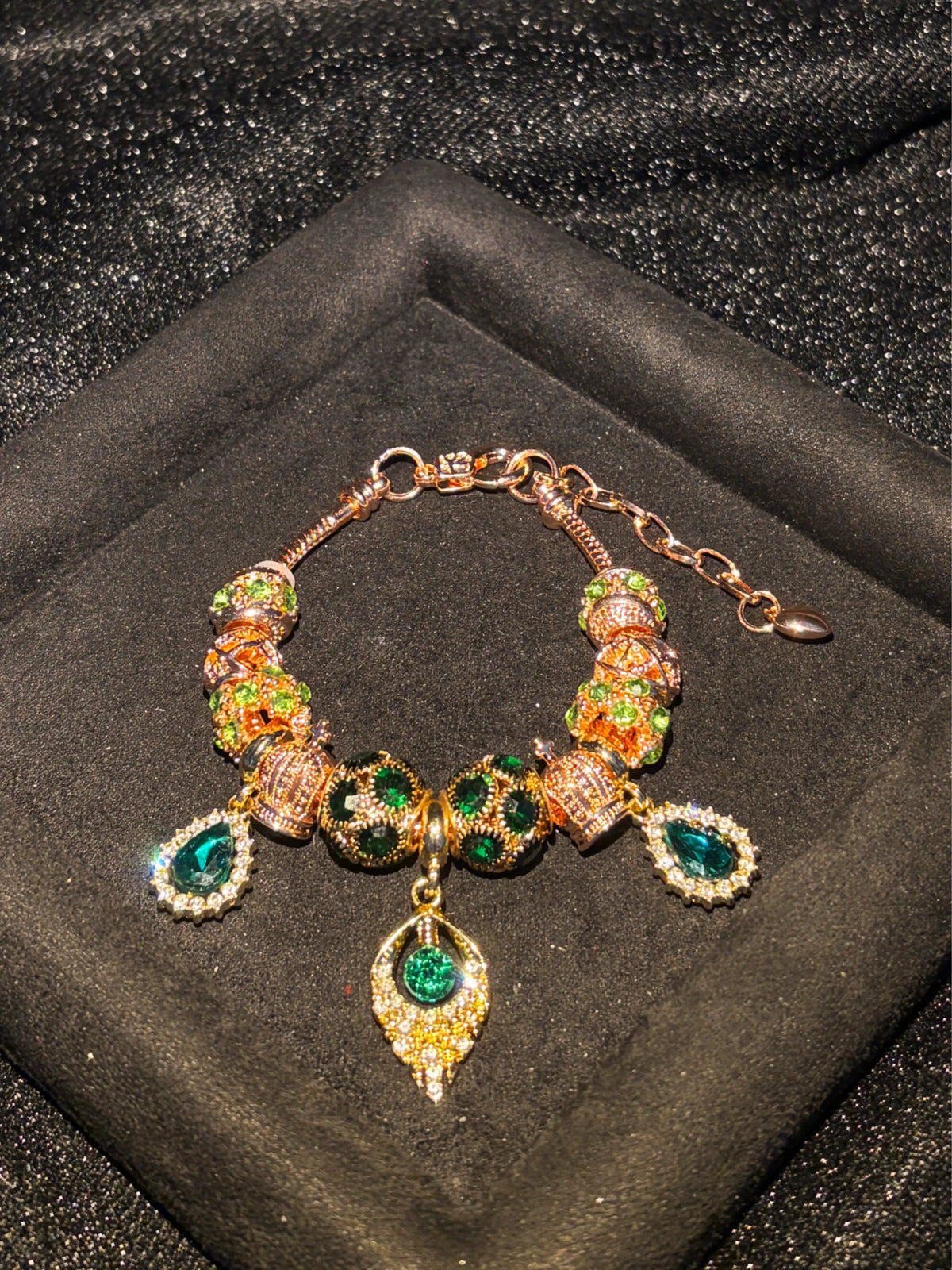 Women's Peacock Feather Charm Bracelet - Rose Gold-Tone Chain, Sparkling Green Crystal Beads, Vintage Elegant Costume Jewelry Gift