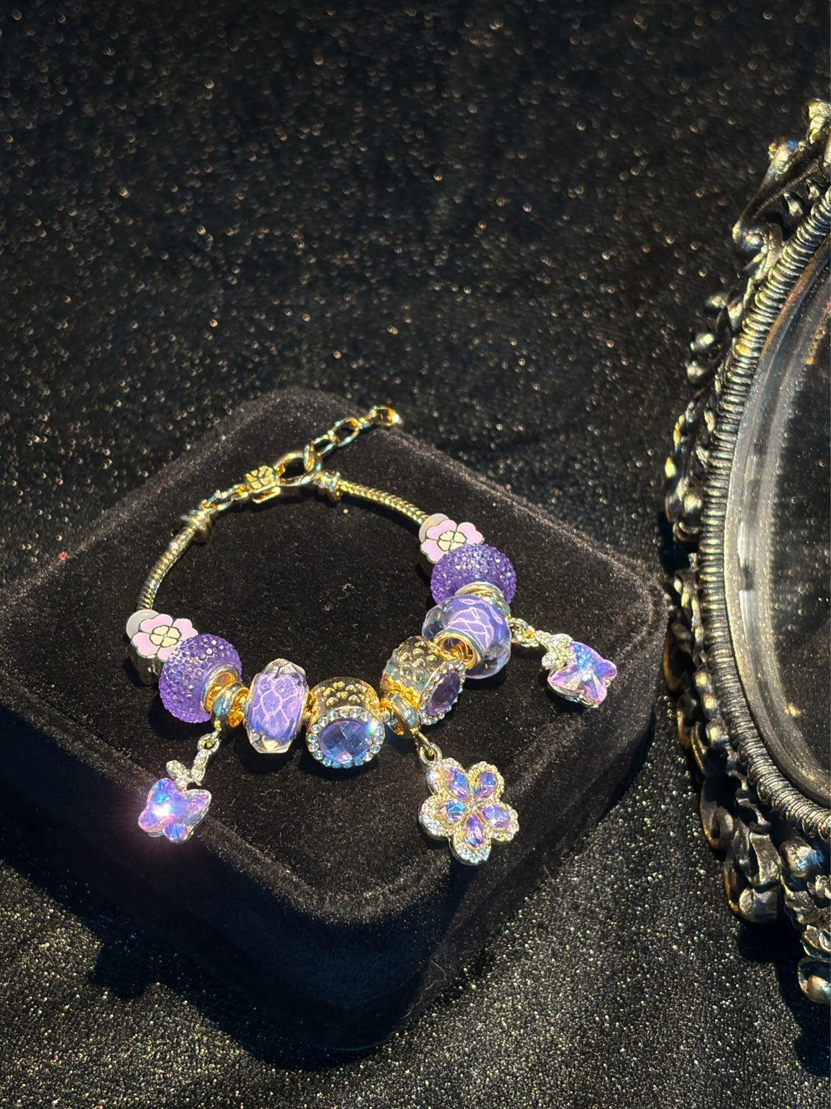 Women's Gold-Tone Adjustable Snake Chain Stackable Charm Bracelet with Sparkly Purple Flower, Butterfly Glass Bead Charms - Trendy Costume Jewelry Gift for Ladies