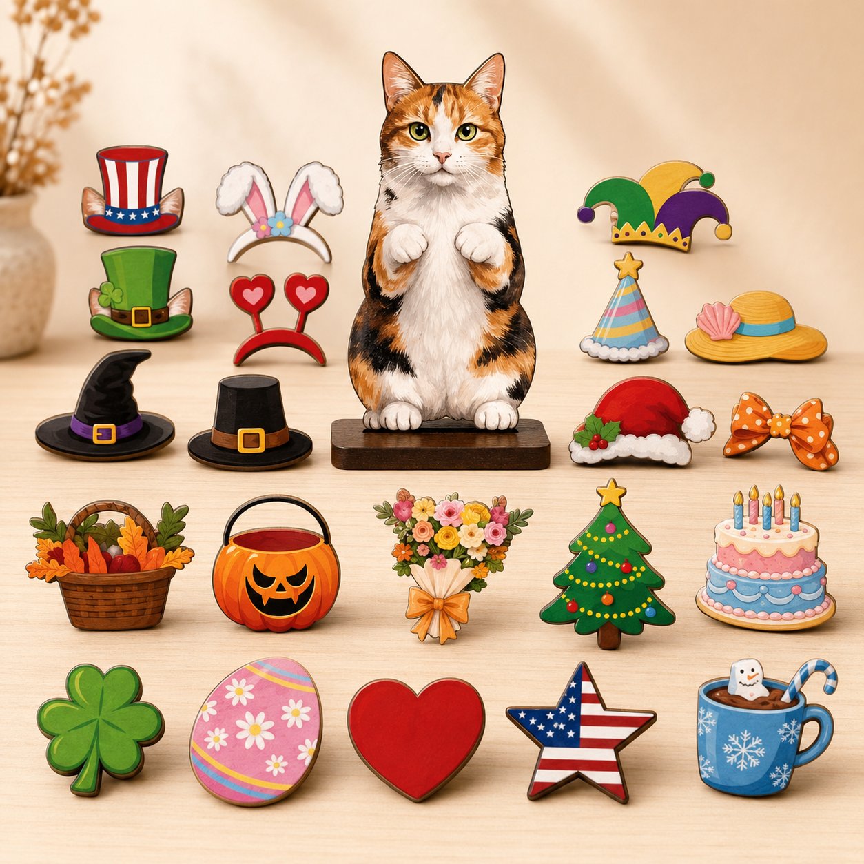 🔥 Last Day 51% OFF - Interchangeable Magnetic Seasonal Cat Wooden Tabletop Decor Set