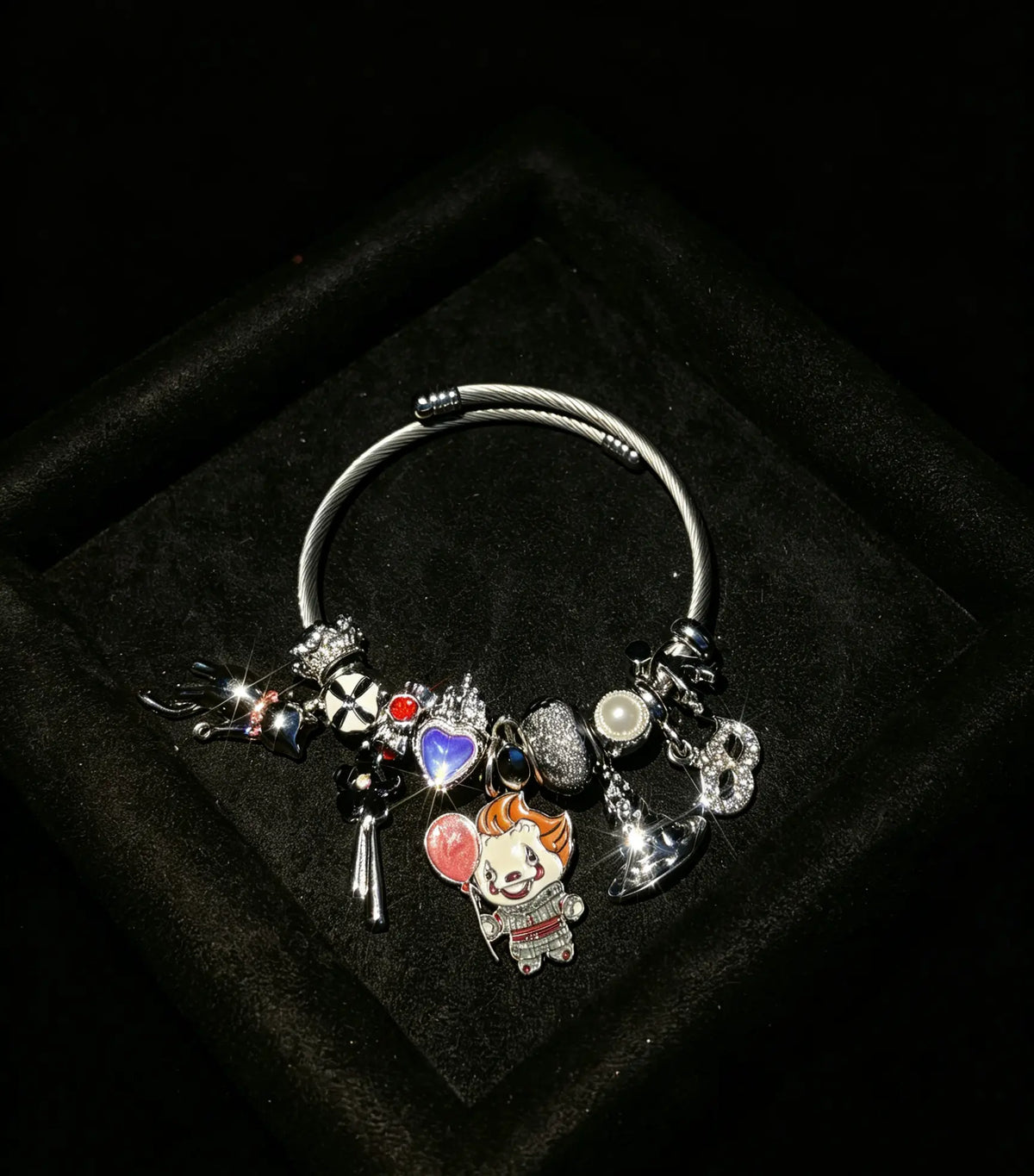 Halloween Clown Charm Bangle Bracelet, Silver Tone Adjustable Wire Bangle with Witch Hat Heart Dangle Charms, Gothic Spooky Costume Jewelry Gift for Women Girls