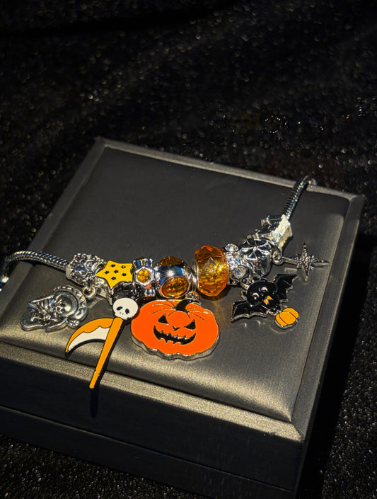 Halloween Charm Bracelet, Silver Tone Snake Chain Bracelet with Pumpkin Bat Scythe Star Enamel Charms, DIY Large Hole Beads Costume Jewelry Gift for Women Teen Girls