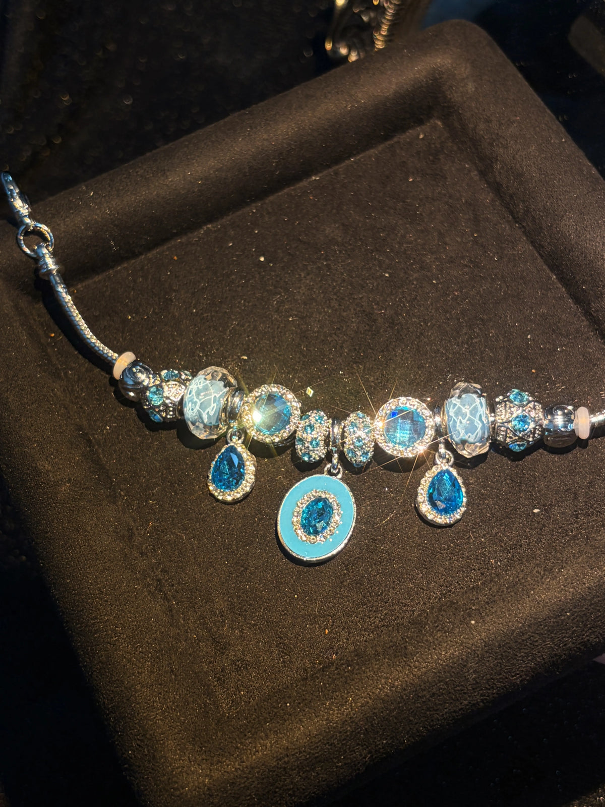 Silver‑Tone Snake Chain Charm Bracelet for Women, Ocean Style Blue Crystal & Murano‑Style Glass Beaded Bracelet, Teardrop Rhinestone Dangle Charms, Stackable Statement Jewelry Gift