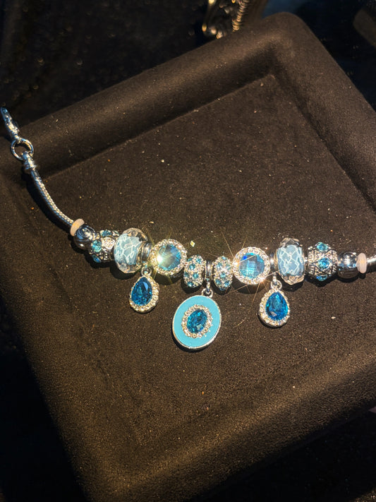 Silver‑Tone Snake Chain Charm Bracelet for Women, Ocean Style Blue Crystal & Murano‑Style Glass Beaded Bracelet, Teardrop Rhinestone Dangle Charms, Stackable Statement Jewelry Gift