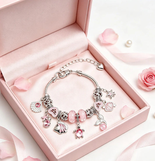 Pink Ocean Charm Bracelet for Women Girls - Silver-Tone Snake Chain with Sea Turtle, Tropical Fish, Starfish & Shell Pendants - Sweet Crystal Beaded Jewelry Gift