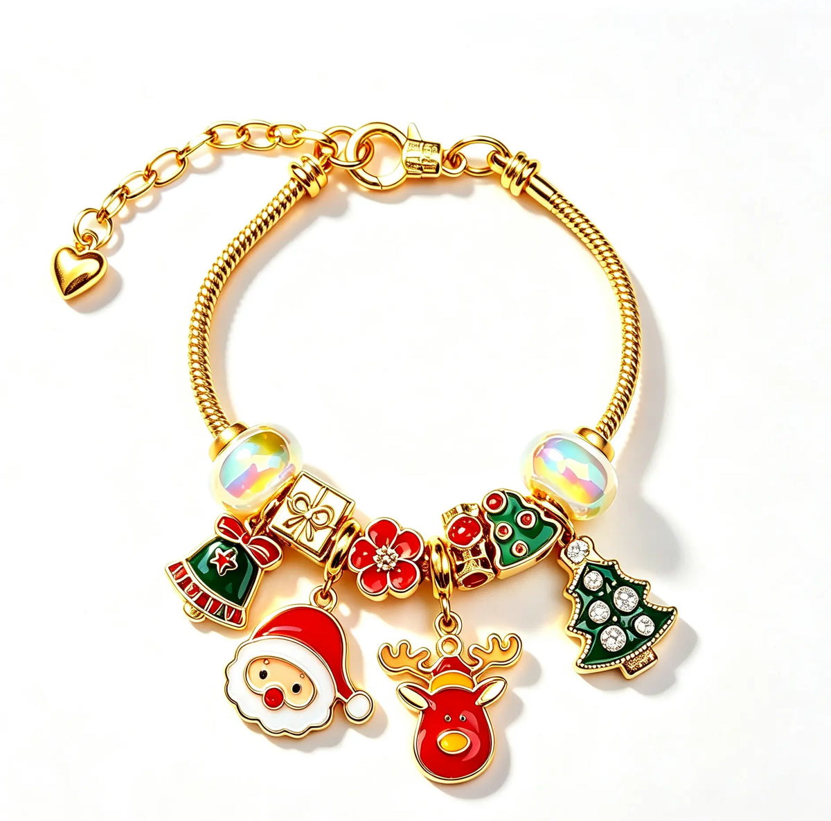 Christmas Charm Bracelet for Women, Gold Plated Snake Chain Beaded Bracelet with Santa Claus, Reindeer, Christmas Tree Enamel Charms, Holiday Xmas Jewelry Gift