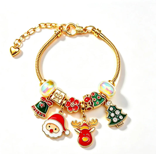 Christmas Charm Bracelet for Women, Gold Plated Snake Chain Beaded Bracelet with Santa Claus, Reindeer, Christmas Tree Enamel Charms, Holiday Xmas Jewelry Gift