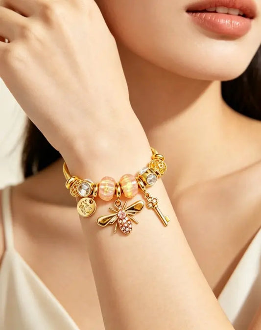 Gold Twisted Cable Bangle Bracelet, Pink Murano Glass Beads Charm Bracelet with Crystal Bee, Key & Engraved Coin Pendant, Sweet Fashion Jewelry Gift for Women Girls