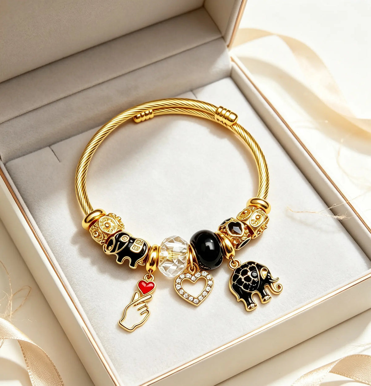 Gold-Tone Adjustable Cable Wire Charm Bangle Bracelet for Women, Elephant Heart Crystal Hand Charms Cuff Bracelet, Fashion Jewelry Gift