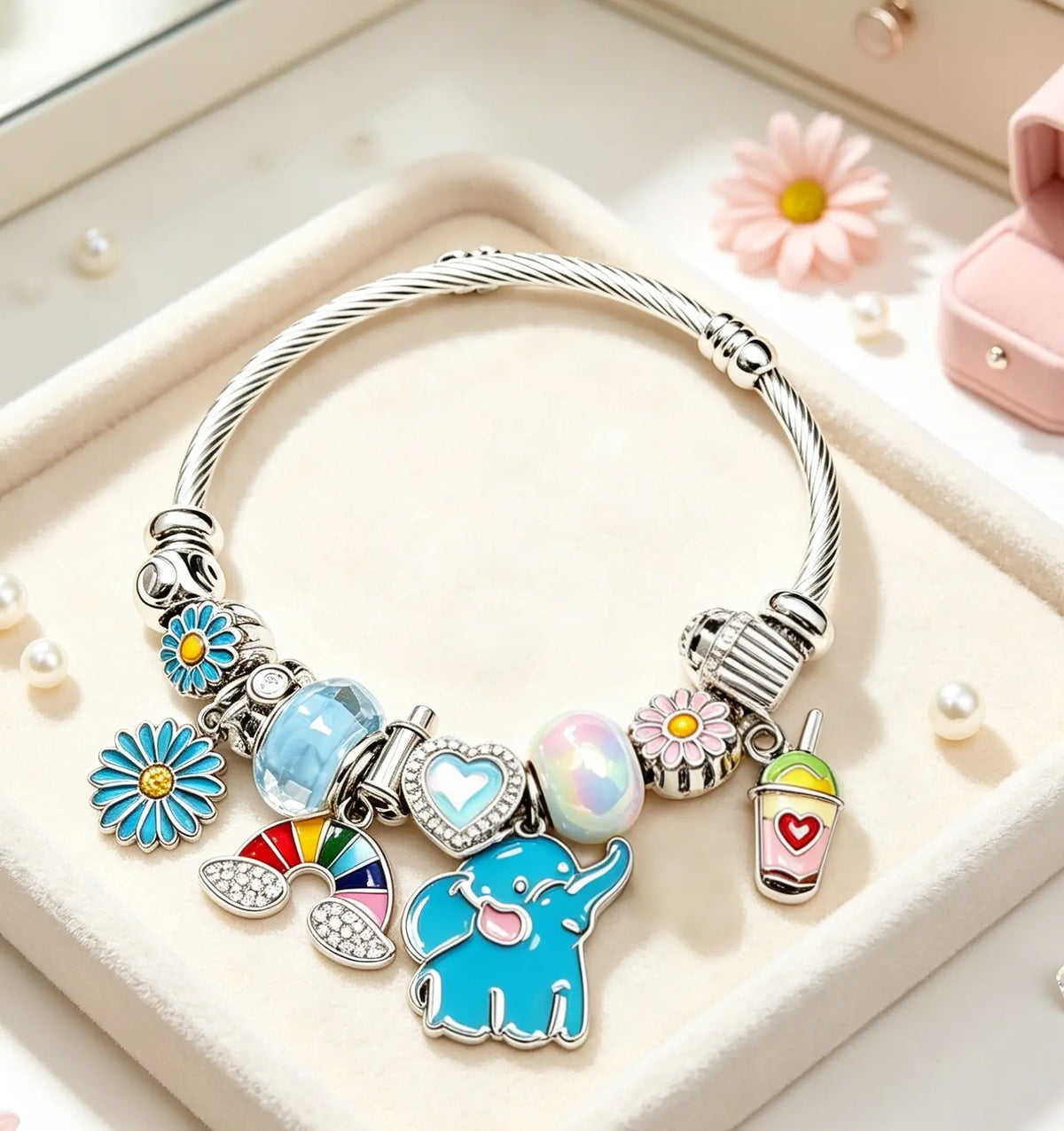Open Bangle Charm Bracelet, Cute Blue Elephant Rainbow Daisy Flower Drink Charms Cable Wire Bracelets, Adjustable Cuff Bracelet Jewelry Gift for Women Girls