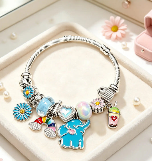 Open Bangle Charm Bracelet, Cute Blue Elephant Rainbow Daisy Flower Drink Charms Cable Wire Bracelets, Adjustable Cuff Bracelet Jewelry Gift for Women Girls