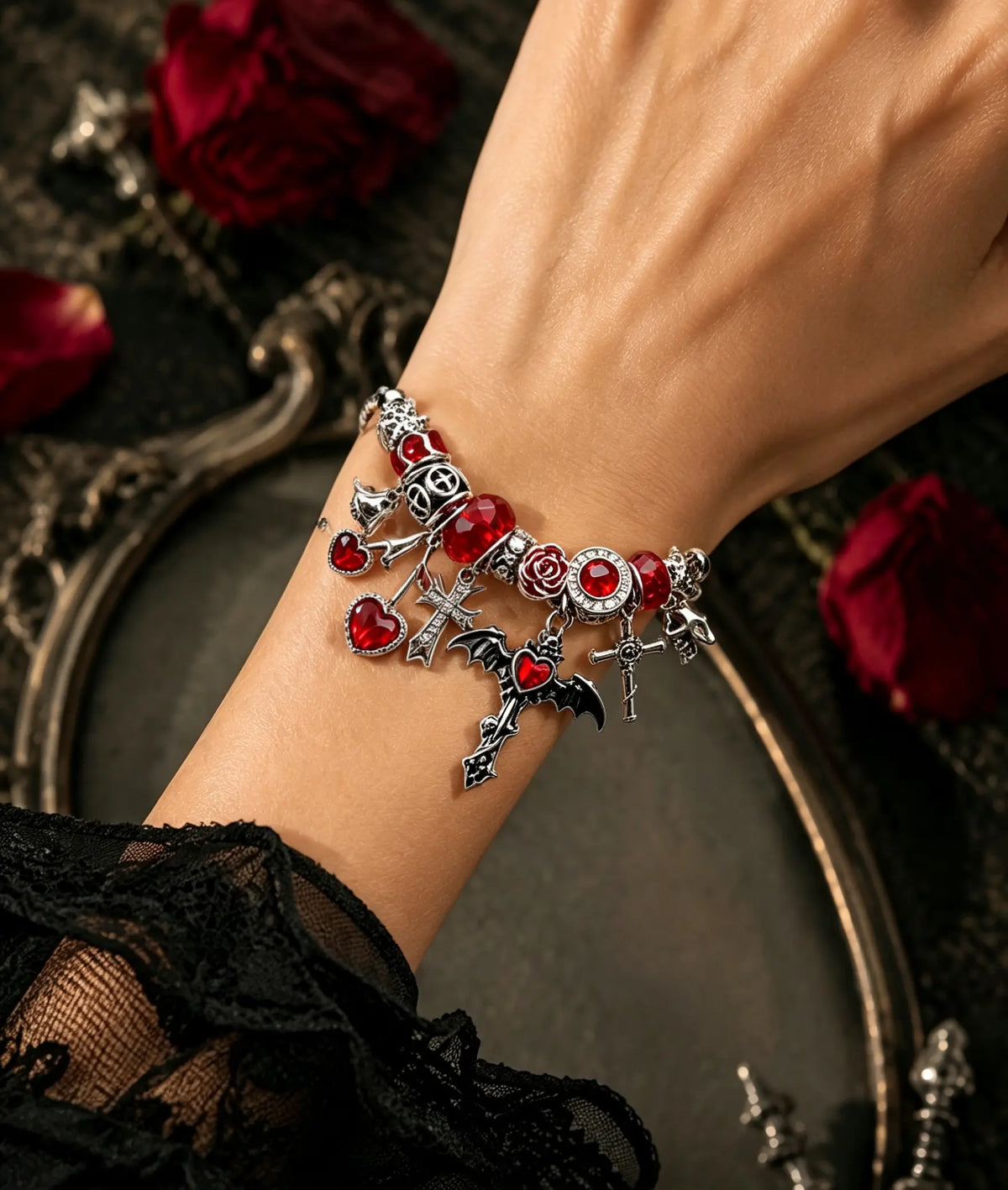 Silver‑Tone Adjustable Snake Chain Charm Bracelet for Women, Gothic Bracelet with Bat, Cross, Red Heart & Crystal Bead Charms, Punk Dark Fashion Jewelry, Halloween Costume Gift for Ladies Girls