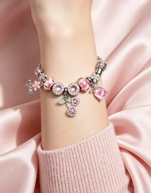 Silver Snake Chain Charm Bracelet with Pink Floral Glass Beads, Rhinestone Cherry, Sakura Flower & Pink Crystal Charms, Adjustable Extension Chain Dainty Flower Jewelry Gift for Women Teen Girls