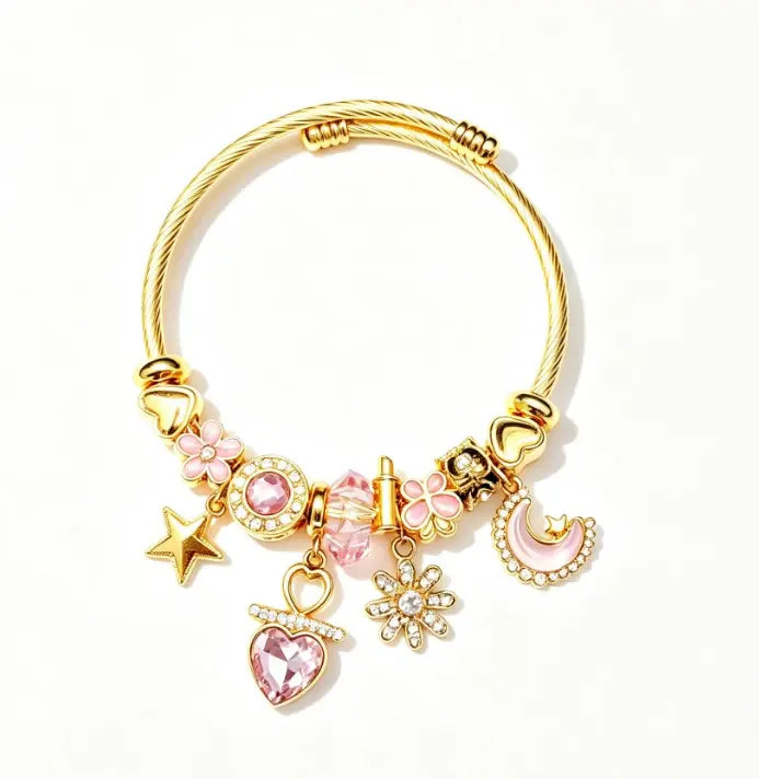 Pink Heart Moon Star Charm Gold Bangle Bracelet, Adjustable Cable Wire Cuff Bracelet with Pink Crystal Flower Charms, Cute Sweet Jewelry Gift for Women Teen Girls