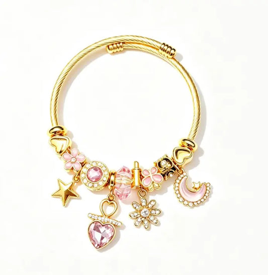 Pink Heart Moon Star Charm Gold Bangle Bracelet, Adjustable Cable Wire Cuff Bracelet with Pink Crystal Flower Charms, Cute Sweet Jewelry Gift for Women Teen Girls