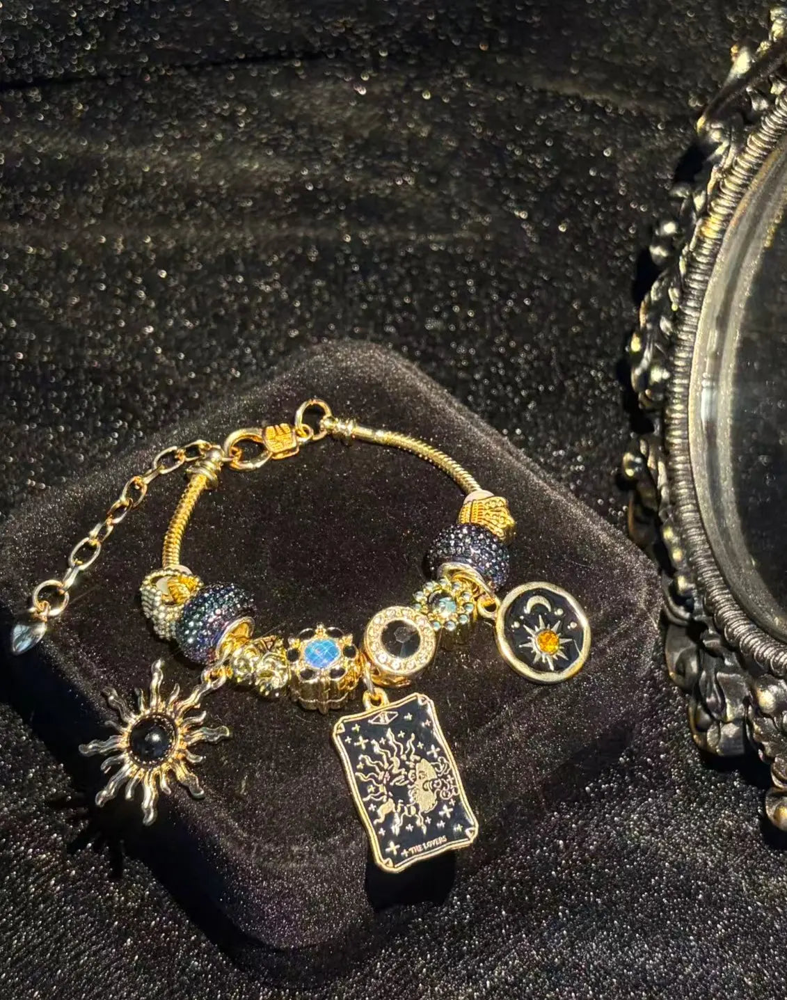 Women's Mystical Tarot Charm Bracelet - Gold-Tone Chain, Black Sparkly Rhinestone Beads, The Lovers Sun Moon Star Charms, Stackable Adjustable Costume Jewelry Gift