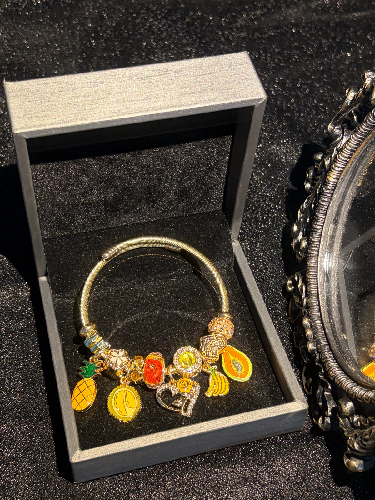 Women's Gold-Tone Adjustable Open Cuff Bracelet, Stackable Enamel Tropical Fruit Charm Bracelet with Pineapple Durian Avocado Heart Key Pendants, Rhinestone Beaded Layering Jewelry for Summer Beach, Birthday Holiday Gift for Teen Girls