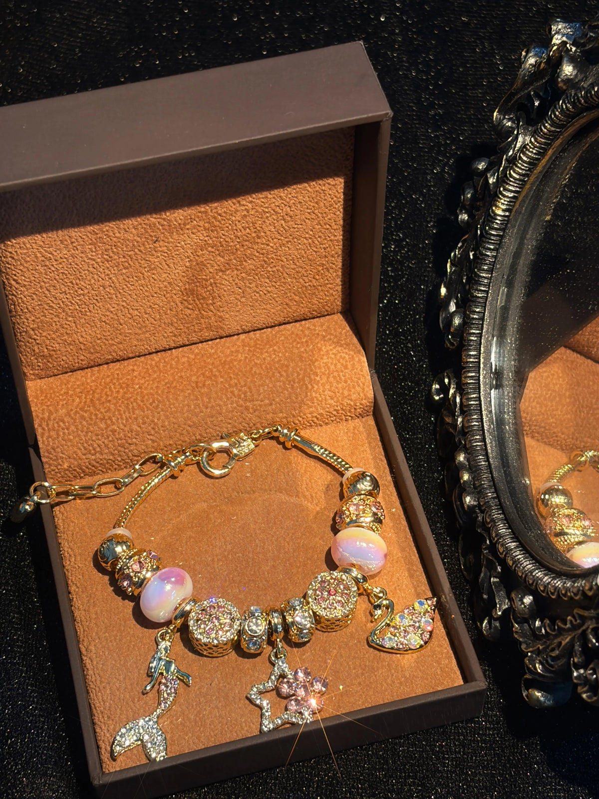 Women Gold‑Tone Mermaid Charm Bracelet, Pink Rhinestone Star Butterfly Dangle Charms, Colorful Murano‑Style Beads Snake Chain Bracelet, Fairytale Hand Jewelry Gift For Women Girls Daily Party Dating Wear