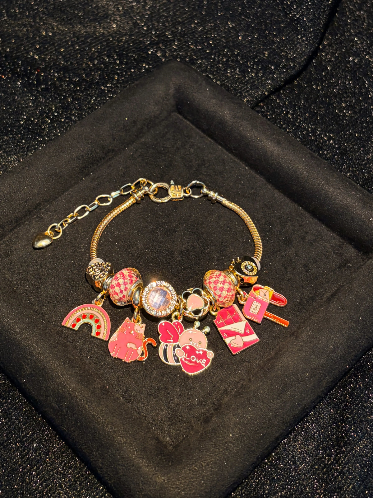 Women's Gold-Tone Snake Chain Charm Bracelet with Cute Pink Love-Themed Enamel Dangle Charms, Birthday Costume Jewelry Gift