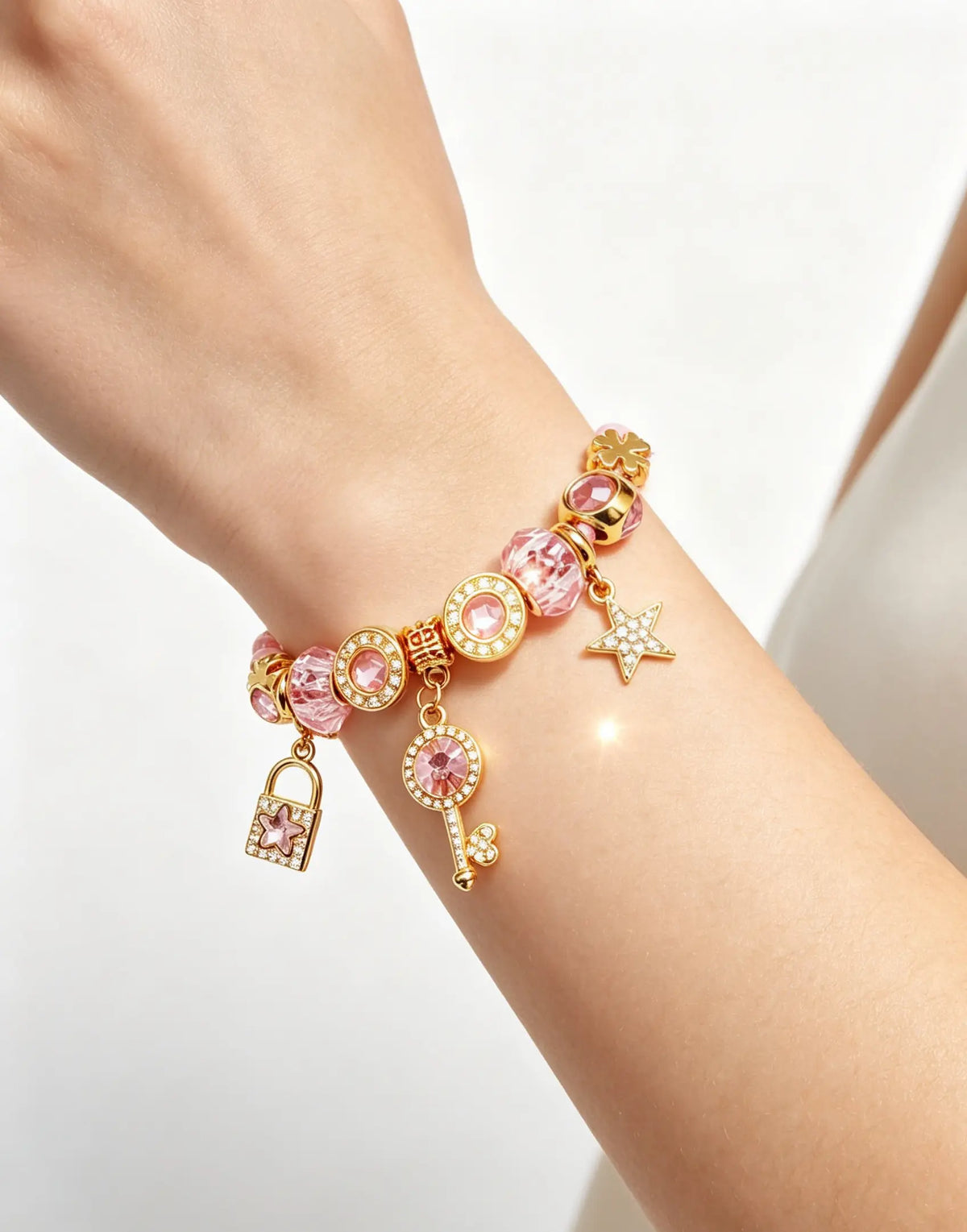 Women's Adjustable Pink Braided Leather Charm Bracelet - Sparkling Crystal, Gold Lock, Star Key, 4 Leaf Clover Beads Fashion Costume Jewelry Gift