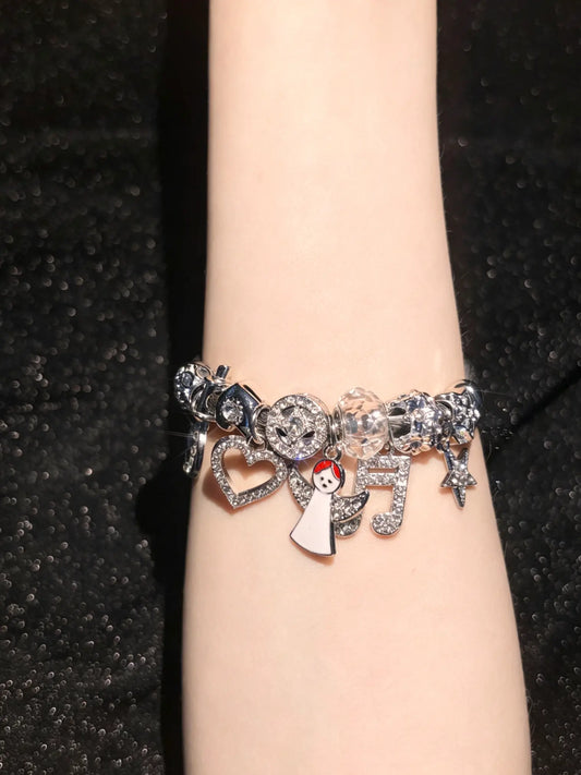 Sparkling Rhinestone Angel Music Note Heart Star Dangle Charms Silver Tone Open Wire Bangle, Elegant Beaded Jewelry Gift for Women