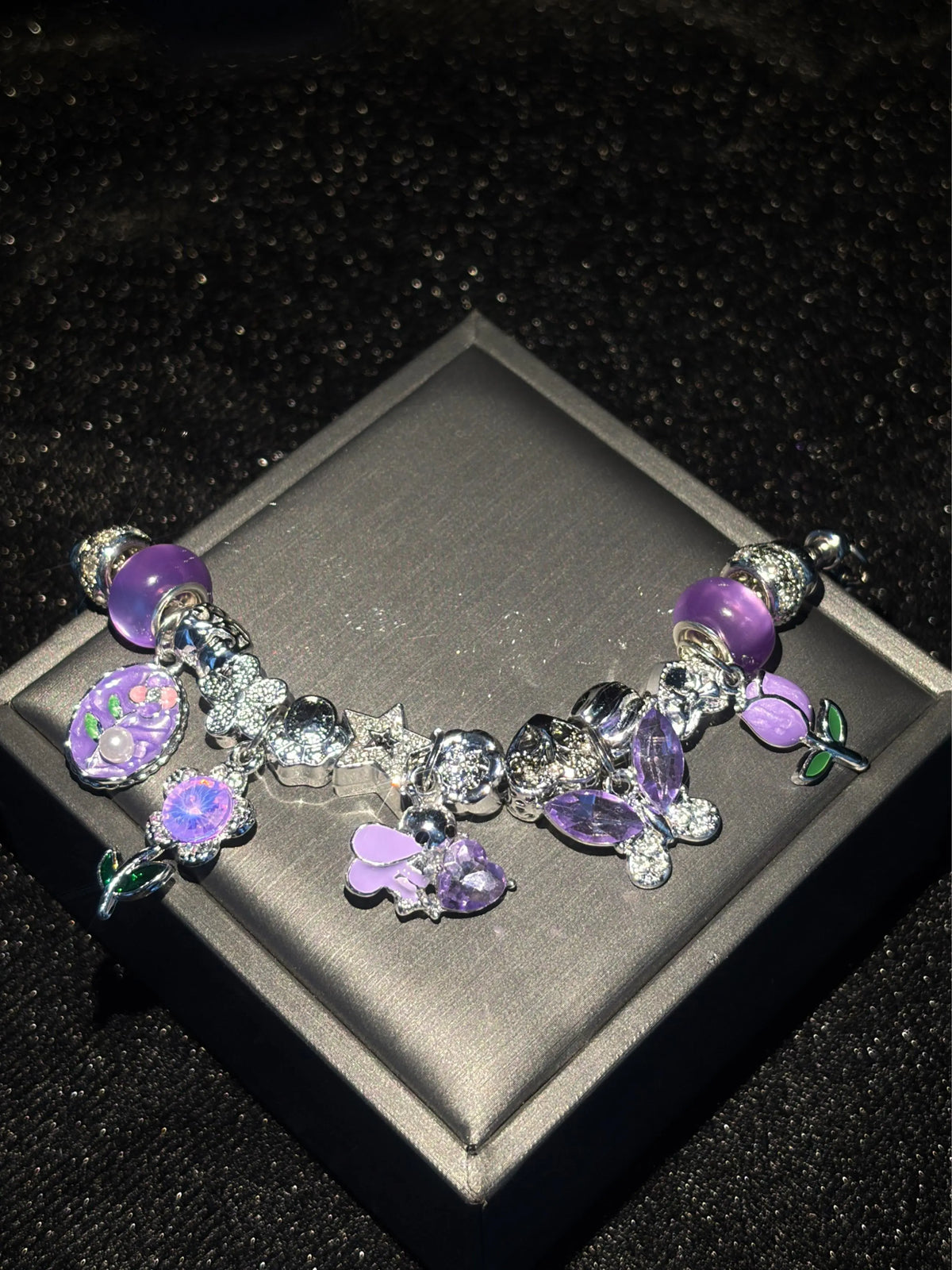 Purple Butterfly Star Charm Bracelet, Sparkling Rhinestone Beaded Snake Chain Bracelet, Dainty Dangle Charm Jewelry Gift for Women Teen Girls