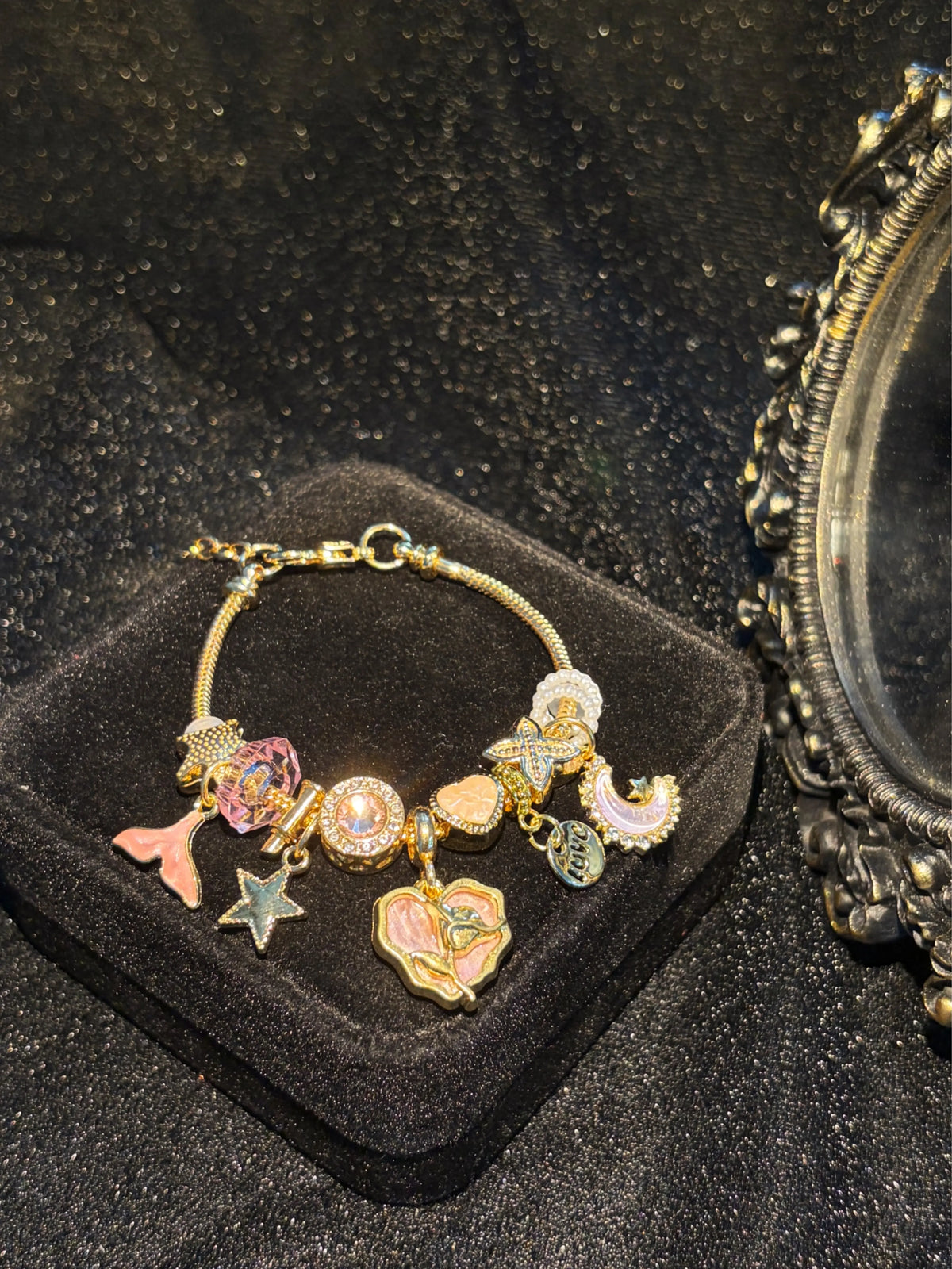 Women's Gold-Tone Multi-Charm Beaded Bracelet with Mermaid Tail, Crescent Moon, Heart, Shell, Starfish Pendants - Color Enamel Statement Summer Layered Costume Jewelry