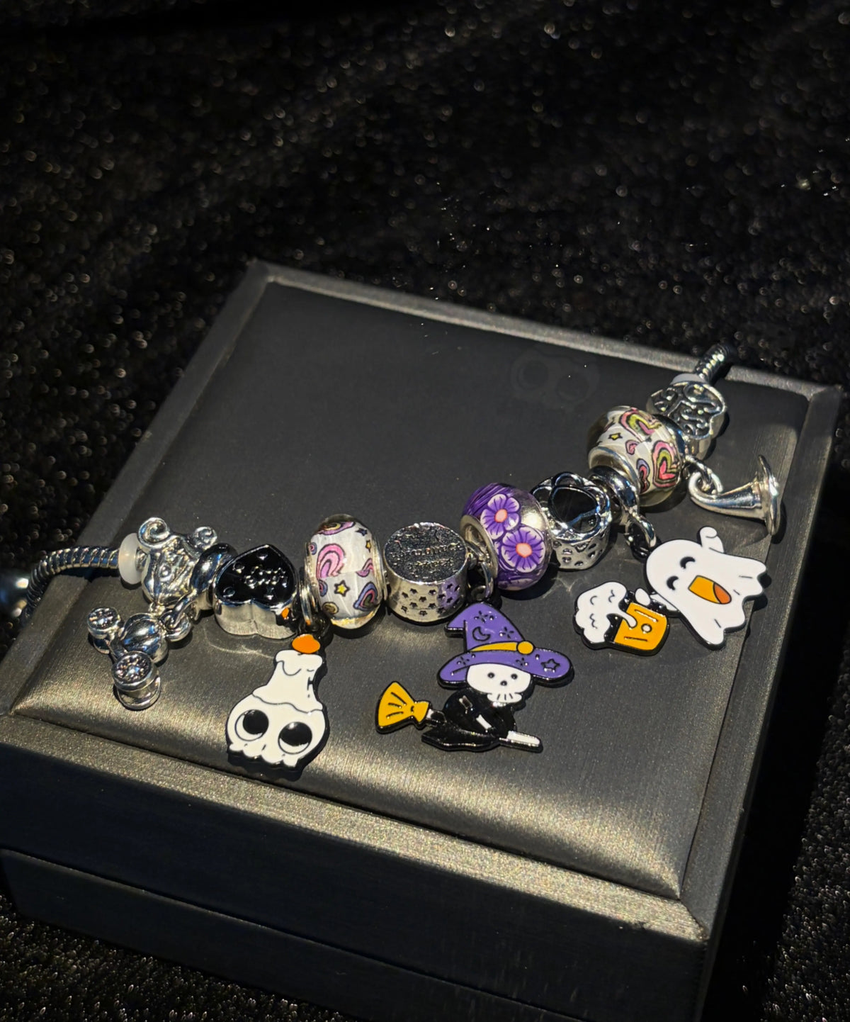 Spooky Cute Halloween Charm Bracelet, Silver Tone Snake Chain Bracelet, Witch Broom Ghost Skull Candle Enamel Dangle Charms, Fun Colorful Large Hole Beads, Halloween Party Costume Jewelry Gift for Her