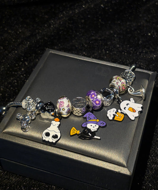 Spooky Cute Halloween Charm Bracelet, Silver Tone Snake Chain Bracelet, Witch Broom Ghost Skull Candle Enamel Dangle Charms, Fun Colorful Large Hole Beads, Halloween Party Costume Jewelry Gift for Her