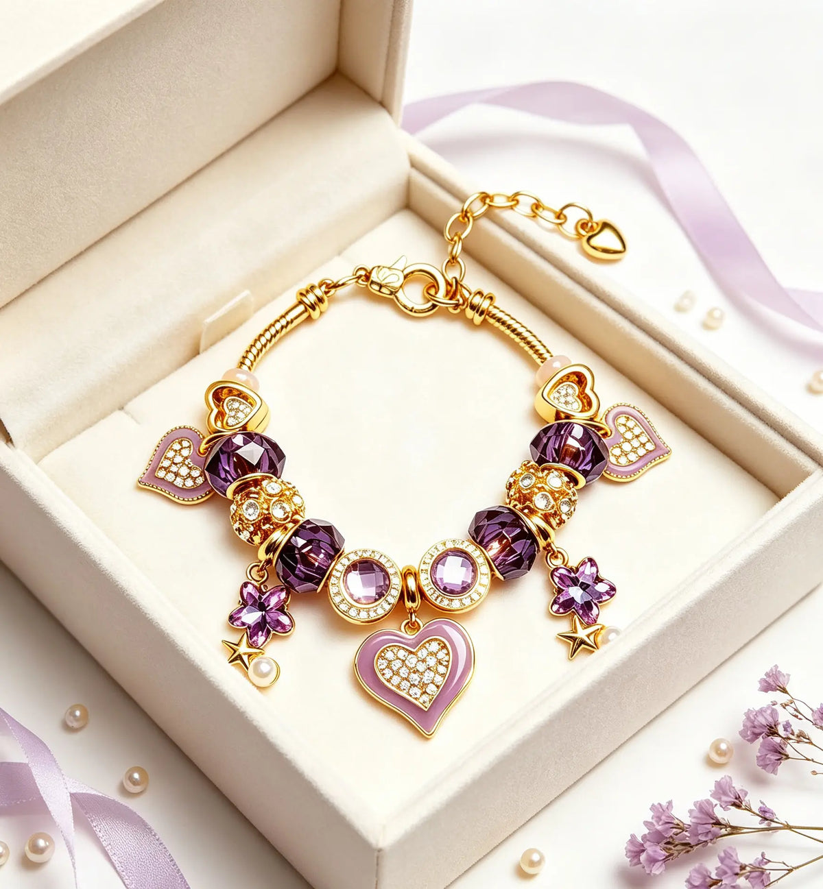 Gold Tone Purple Heart Charm Beaded Bracelet for Women, Amethyst Crystal Star Pearl Dangle Snake Chain Bracelet, Fashion Jewelry Gift for Girls
