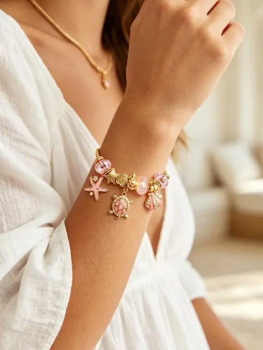 Pink Ocean Charm Bracelet, Gold Plated Snake Chain Bangle with Starfish Turtle Shell Dangle Charms, Adjustable Beaded Bracelet Jewelry Gift for Women Girls