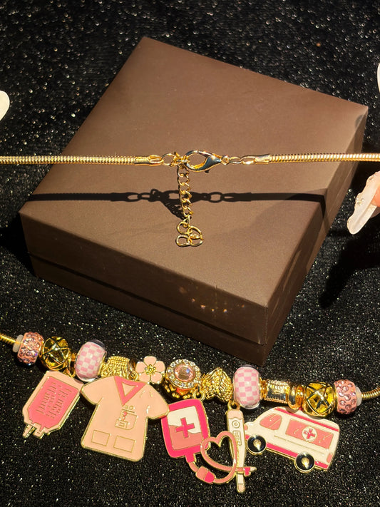 Pink Enamel Charm Necklace for Women, Fun Cartoon Style Pendant Necklace with Multi Charms, Gold-tone Adjustable Snake Chain Beaded Statement Jewelry, Sweet Gift for Daily Wear