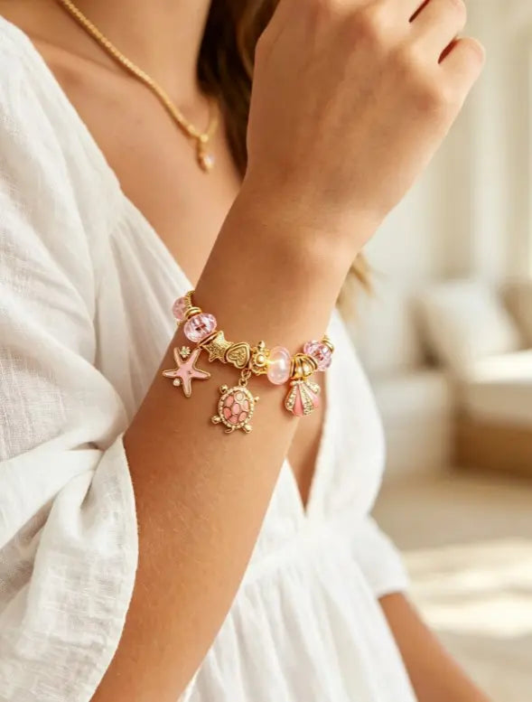 Pink Ocean Turtle Starfish Shell Charm Bracelet, Shiny Gold Adjustable Snake Chain Bangle with Pink Crystal Beads, Dainty Beach Holiday Jewelry Gift for Women Girls