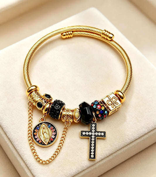 Adjustable Gold-Tone Cable Wire Bangle Bracelet, Virgin Mary Medal & Black Cross Charms Beaded Bracelet, Religious Jewelry Gift for Women