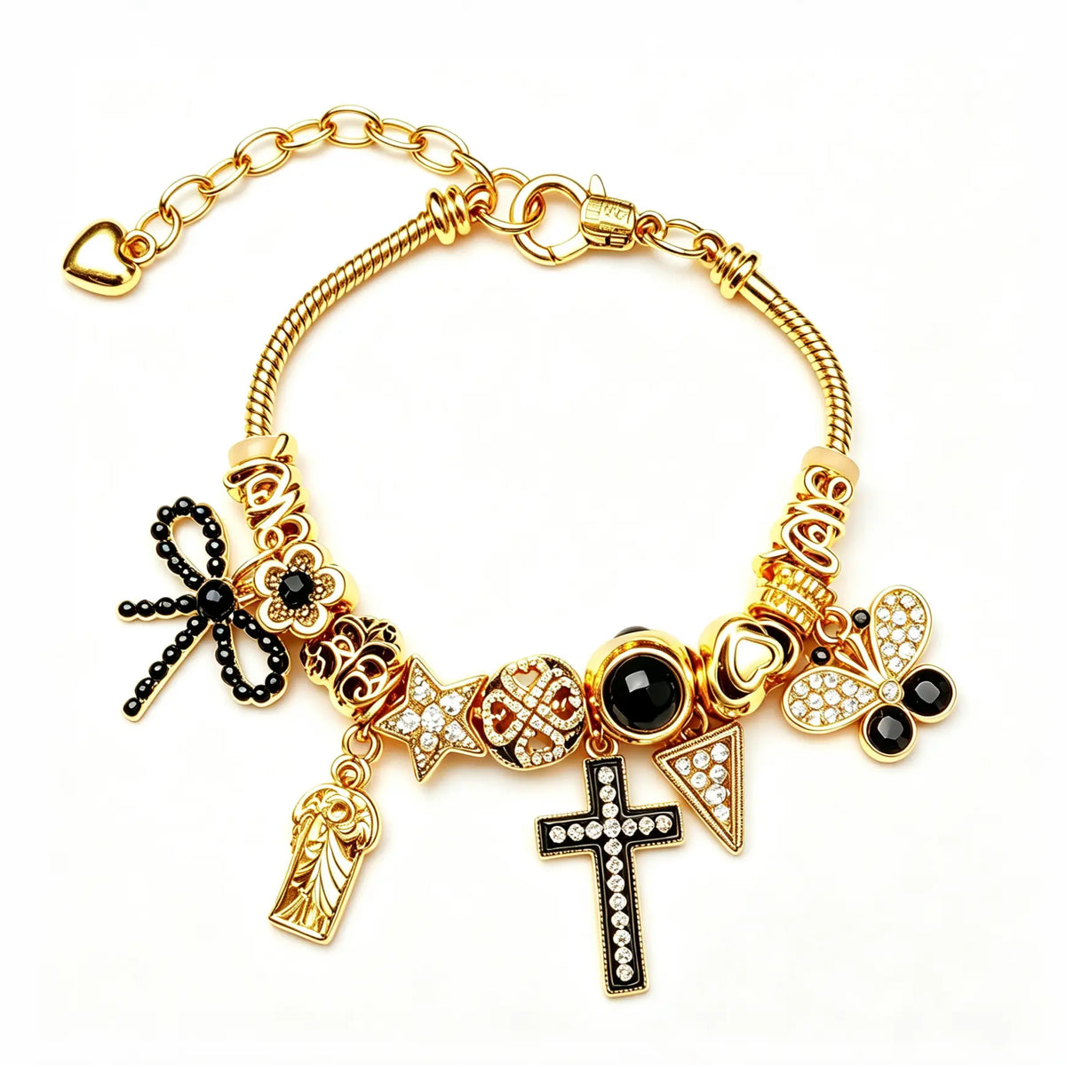 Gold Tone Adjustable Snake Chain Charm Bracelet, Black Enamel Cross Bow Butterfly Crystal Charms Beaded Bracelet, Vintage Gothic Jewelry Gift for Women
