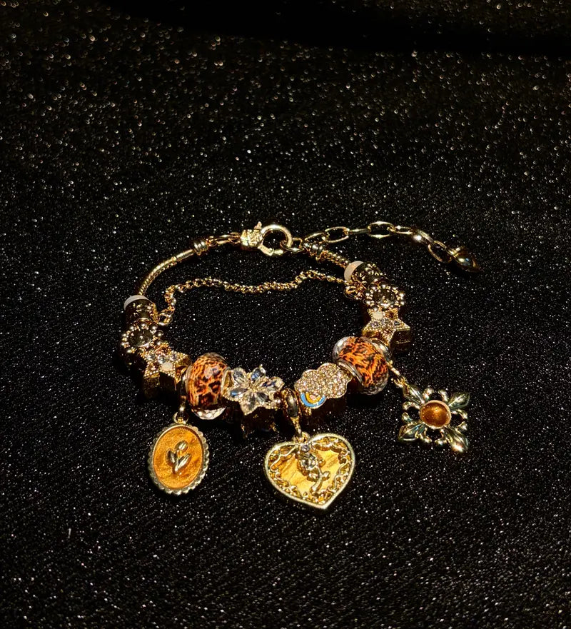 Gold Leopard Print Beaded Charm Bracelet, Vintage Heart Pendant Bangle with Crystal Flower Dangle Charms, Women Fashion Jewelry Gift