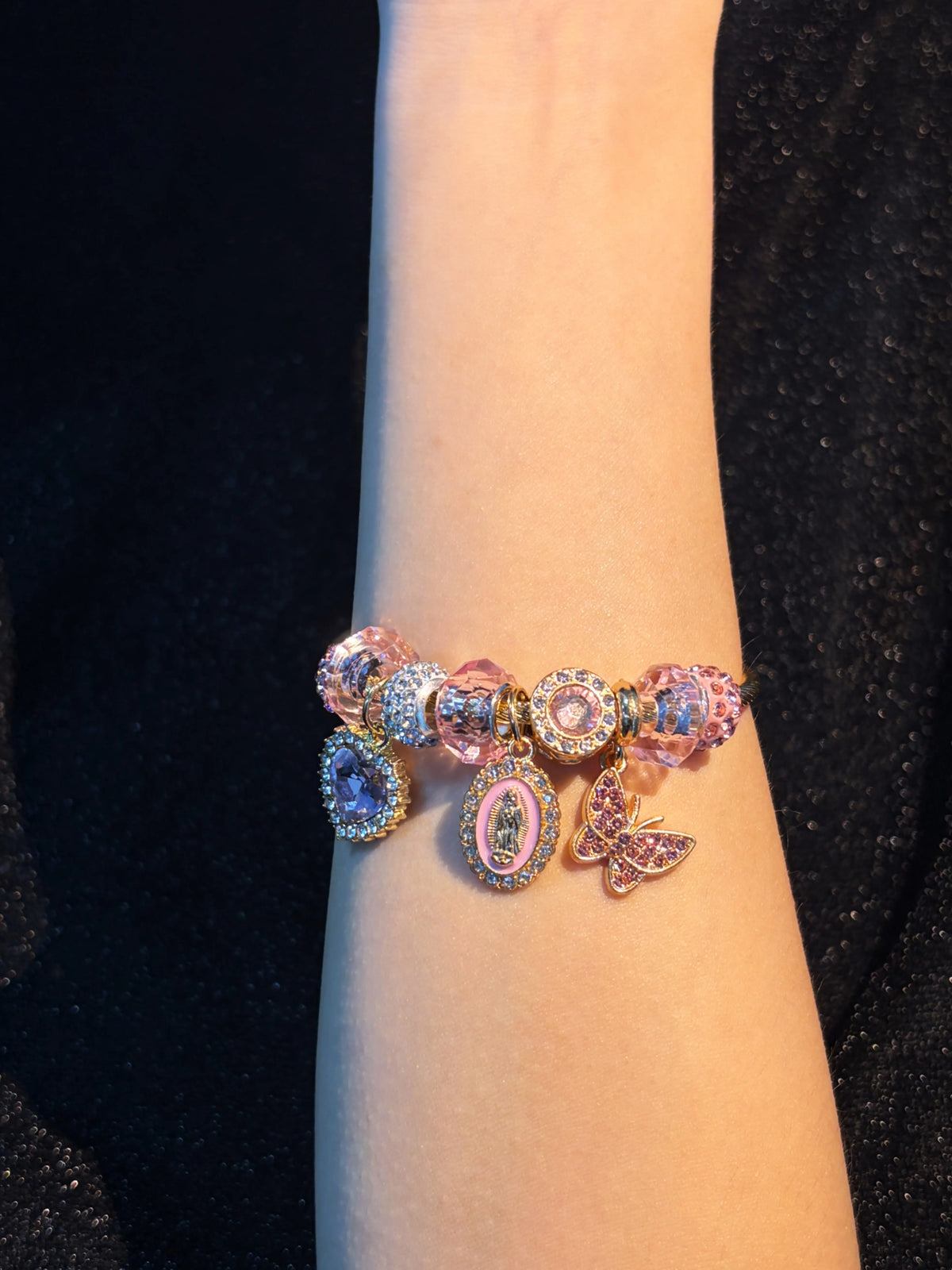 Women's Gold-Tone Virgin Mary Butterfly Heart Charm Adjustable Wire Cuff Bangle - Open Bracelet with Sparkling Crystal Beads-Pink, Red， Religious Costume Jewelry Gift