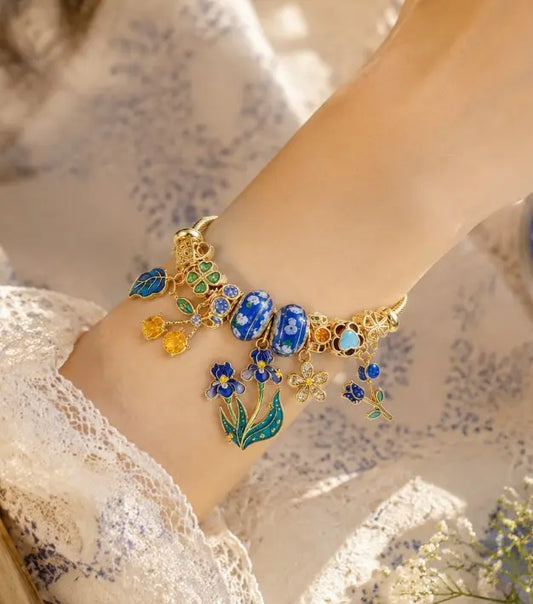 Vintage Blue Iris Floral Gold Cable Bangle, Enamel Flower Leaf Crystal Charms Twist Bracelet for Daily Vacation Wear