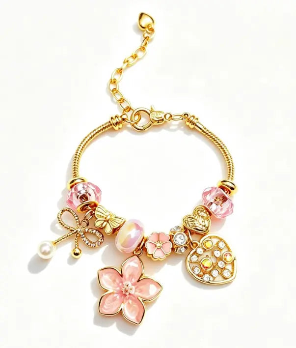 Gold Snake Chain Beaded Bracelet, Pink Flower Enamel Charm Bracelet with Pink Crystal Pearl Rhinestone, Fashion Jewelry Gift for Women
