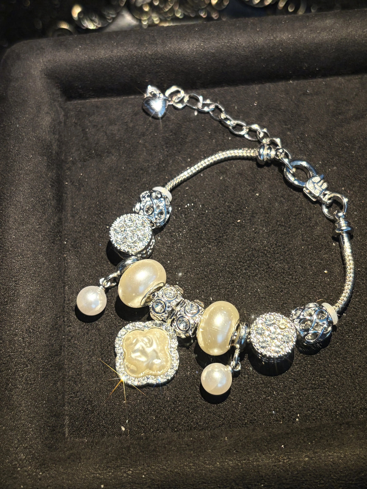 Silver-Tone Snake Chain Charm Bracelet - Clover Embossed Pendant, Pearl & Rhinestone Inlaid Stackable Costume Jewelry Gift for Women