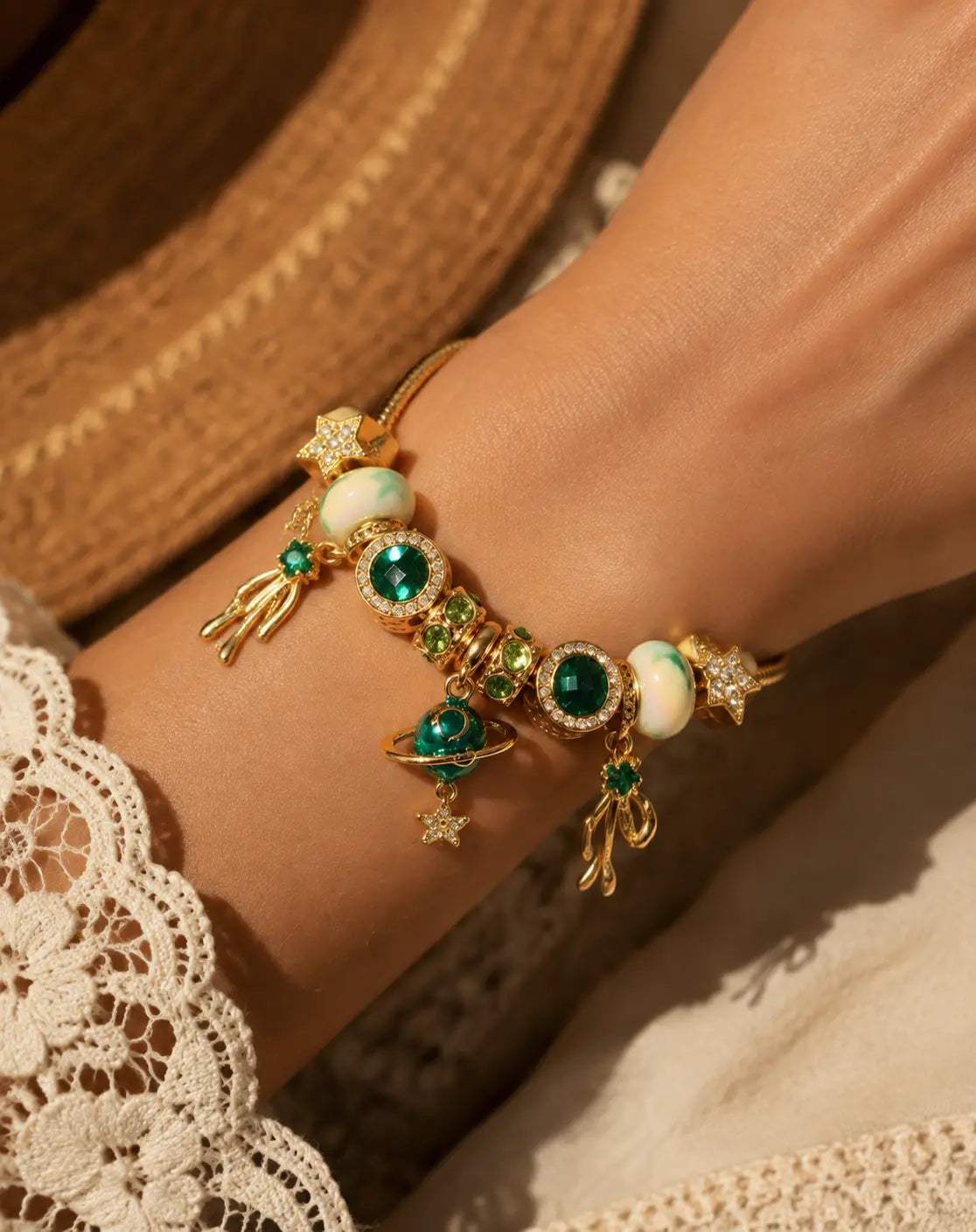 Gold Tone Planet Charm Beaded Bracelet, Emerald Green Rhinestone Star Enamel Bead Snake Chain Bracelet, Adjustable Space Themed Jewelry Gift for Women