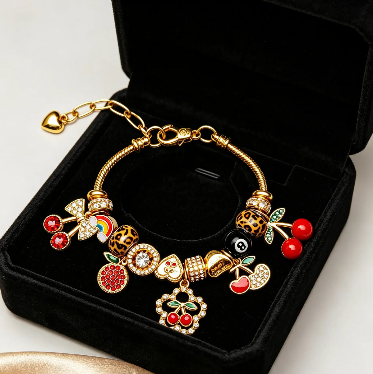 Retro Fun Beaded Bracelet with Leopard, Cherry & 8-Ball Charms – Stylish & Versatile Fashion Accessory