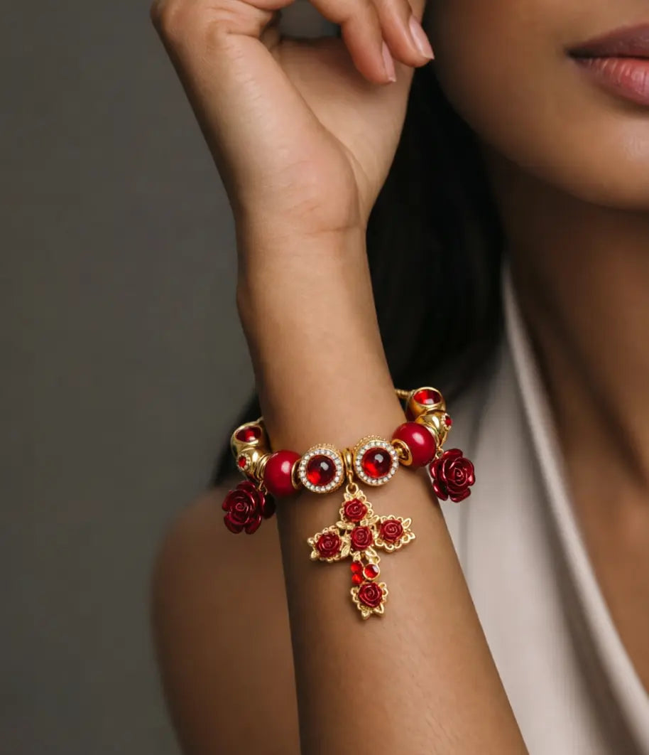 Red Rose Cross Golden Charm Bracelet, Red Crystal Beaded Adjustable Snake Chain Bracelet