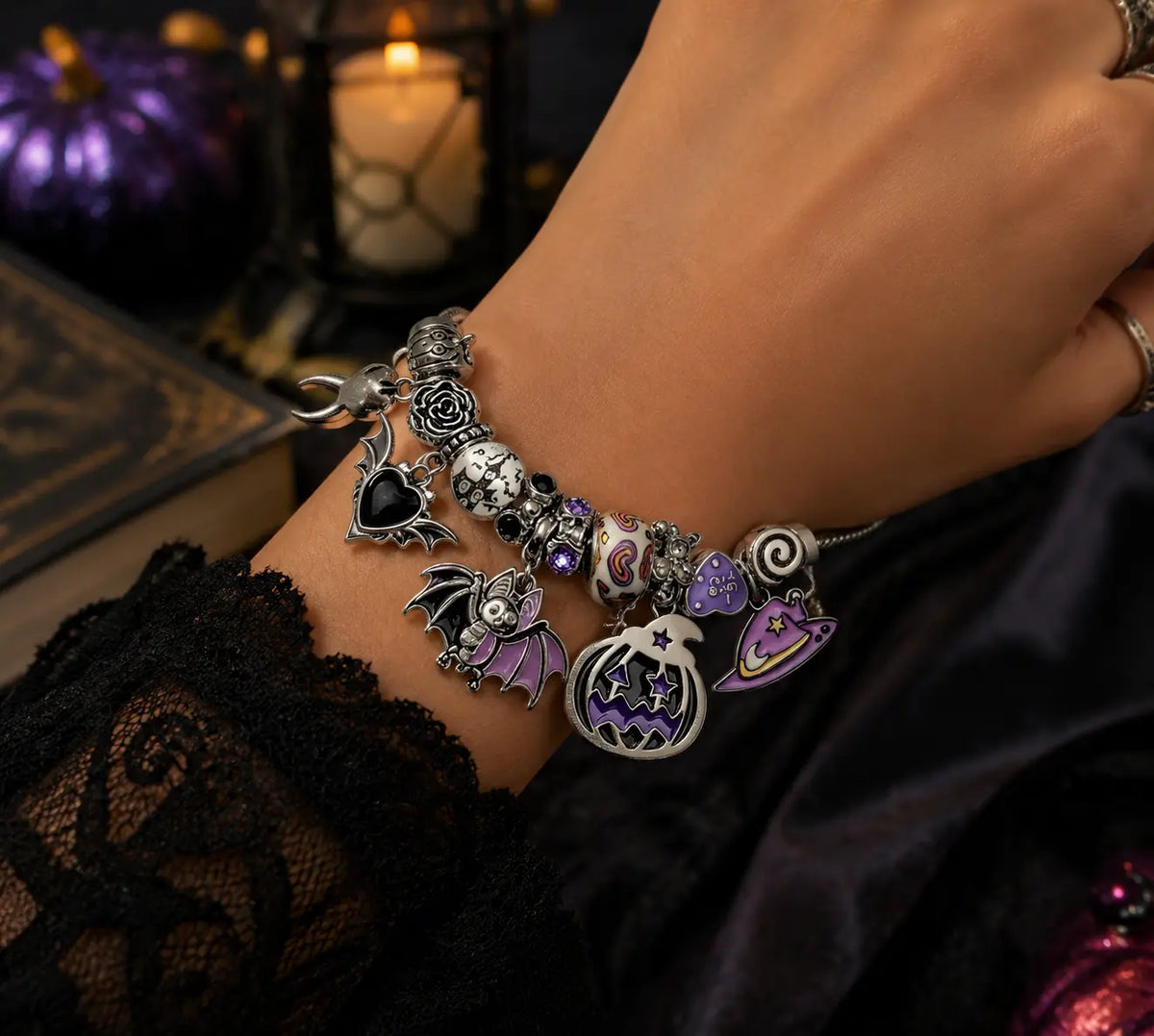 Gothic Halloween Bat & Pumpkin Charm Bracelet, Silver-Tone Snake Chain with Purple Enamel & Black Heart Beads, Edgy Jewelry for Women