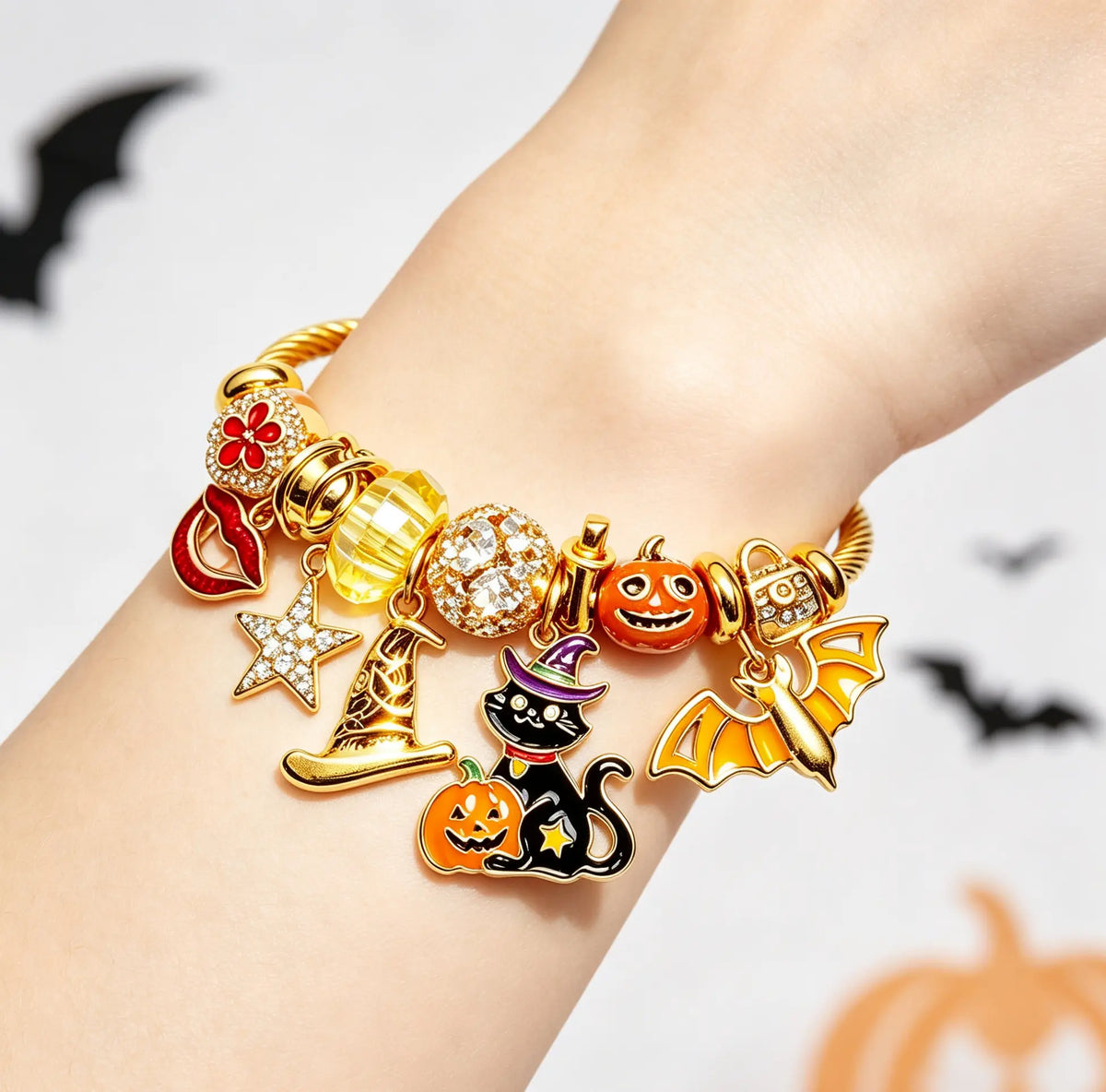 Halloween Charm Bangle Bracelet, Gold Tone Adjustable Wire Cuff with Black Cat, Pumpkin, Bat Witch Hat Enamel Charms, Halloween Jewelry Gift for Women Girls