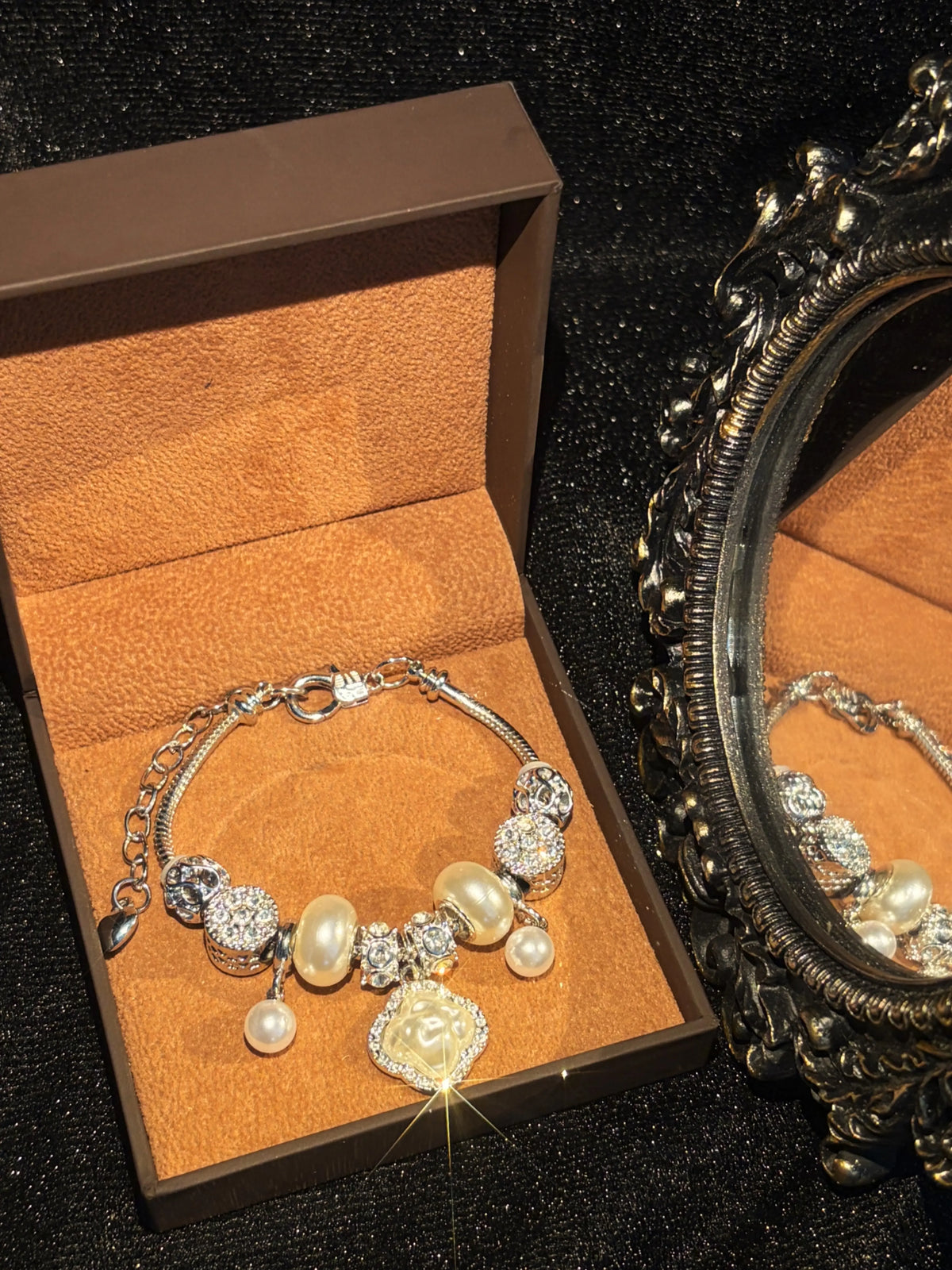 Silver-Tone Snake Chain Charm Bracelet - Clover Embossed Pendant, Pearl & Rhinestone Inlaid Stackable Costume Jewelry Gift for Women
