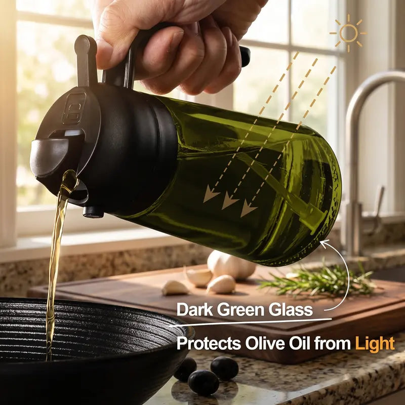 2 in 1 Olive Oil Sprayer & Dispenser 470ml Green Glass Bottle，2PCS